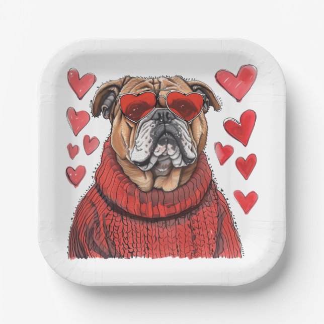 Valentinstag English Bulldog Pappteller (Vorderseite)