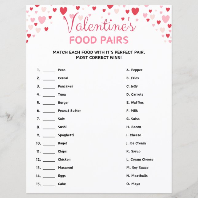 Valentinstag Food Pairs Game (Vorderseite)