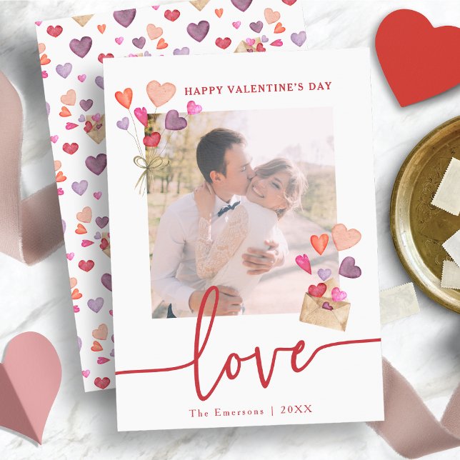 Valentinstag Foto-Urlaubskarte Feiertagskarte (Watercolor Hearts Valentine's Day Photo Holiday Card)