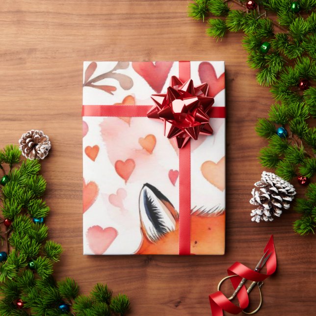 Valentinstag Fuchs rote Herzen Wrapping Paper Geschenkpapier (Feiertagsgeschenk)
