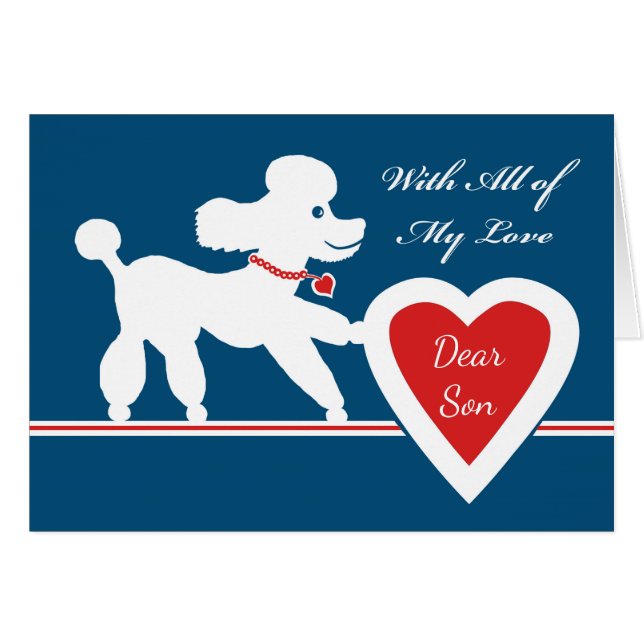 Valentinstag für Sohn, Niedliches Poodle und Herz (Vorderseite (Horizontal))