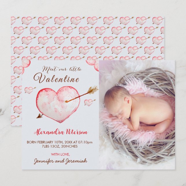 Valentinstag Geburtsankündigung Karten Herz Pfeil (Vorne/Hinten)
