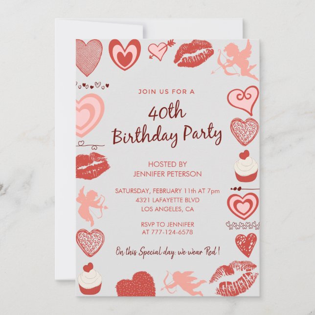 Valentinstag Geburtstag 40. Grauer Niedlicher Enge Einladung (Vorderseite)