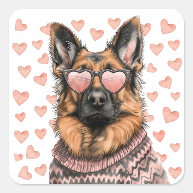 Valentinstag German Shepherd Dog Quadratischer Aufkleber (Vorderseite)