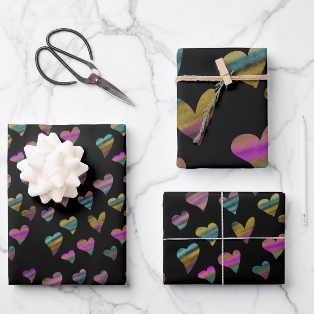 Valentinstag Glitzer Farbenfrohe Herzen Geschenkpapier Set (Vorderseite)