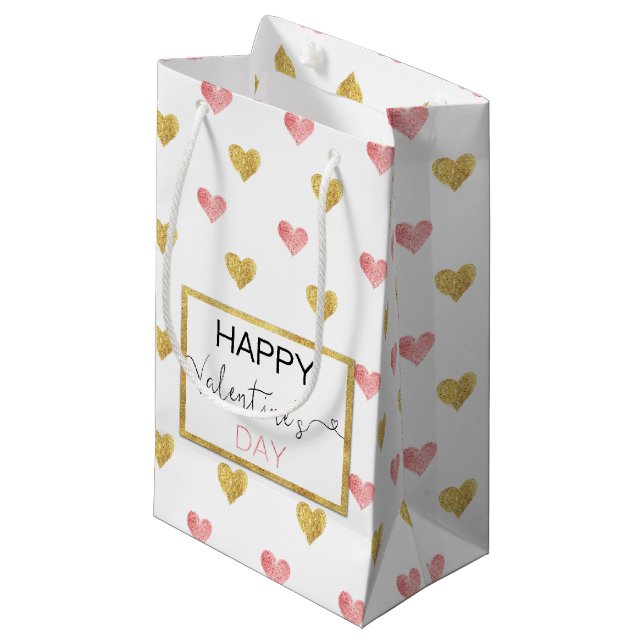 Valentinstag Gold Rosa Herzen - Kleine Geschenktas Kleine Geschenktüte (Vorderseite Schrägansicht)