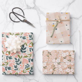 Valentinstag Herz Botanisches Blumengebäck Kariert Geschenkpapier Set