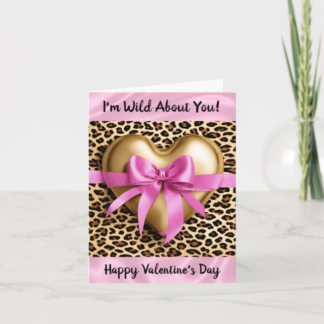Valentinstag Herz Gold Pink Leopard Karte (Vorderseite)
