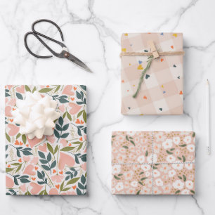 Valentinstag-Herzen Botanischer Floral Kariert Geschenkpapier Set