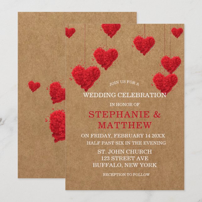Valentinstag Hochzeit des Roten Herzens Einladung (Vorne/Hinten)