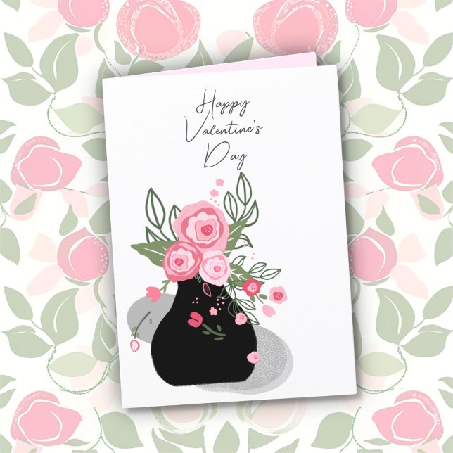 Valentinstag-Karte niedlich Pink Feiertagskarte (Cute pink flowers in a black pot "Happy Valentine's Day" card)