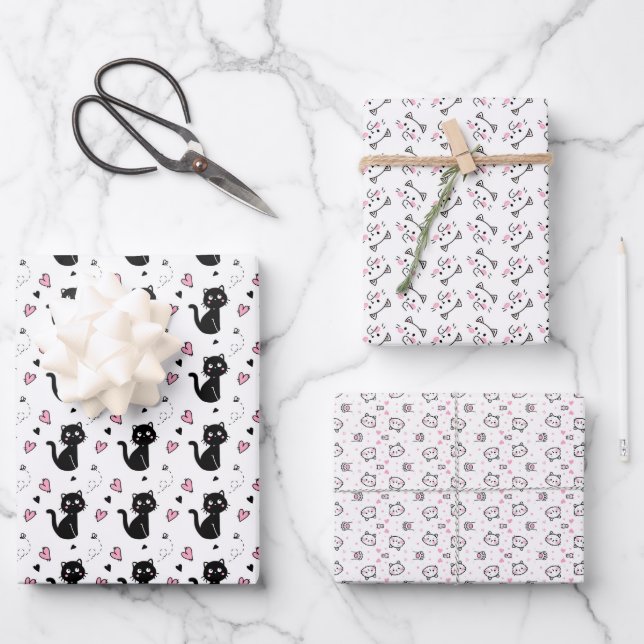 Valentinstag Katze Liebe Wrapping Paper Set Geschenkpapier Set (Vorderseite)