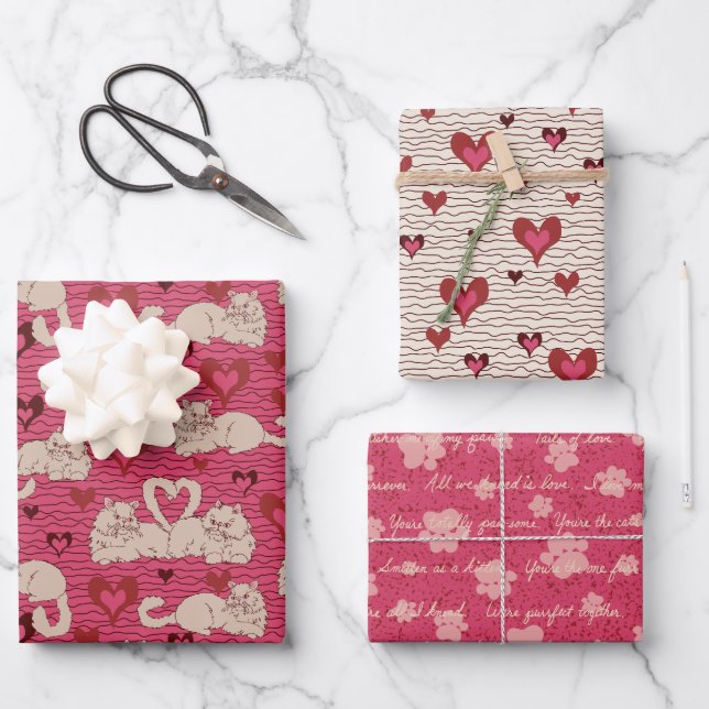 Valentinstag Katze Schwänze der Liebe Geschenkpapier Set (Vorderseite)