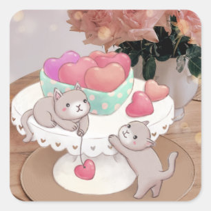 Valentinstag: Katzen, Herz-Cookies und Blume Quadratischer Aufkleber