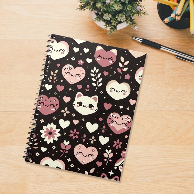 Valentinstag Kawaii Katzen Herz Blume Muster Notizblock (Von Creator hochgeladen)