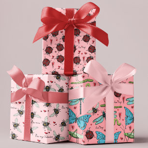 Valentinstag Liebe Bug and Bee Mine Insekten Pink Geschenkpapier Set