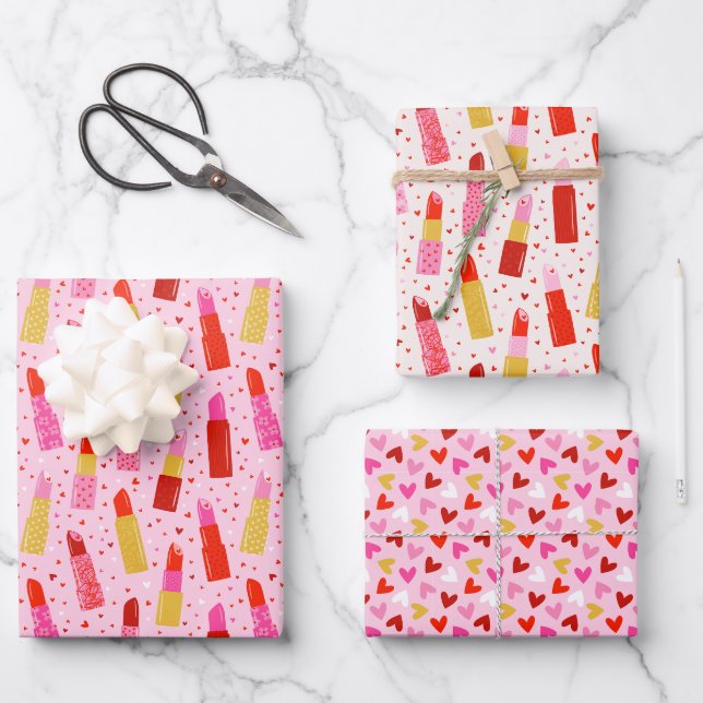 Valentinstag Lipsticks und Herz Geschenkpapier Set (Vorderseite)
