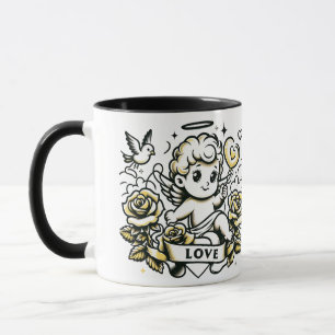 Valentinstag mit gelben Rosen und Taube Tasse