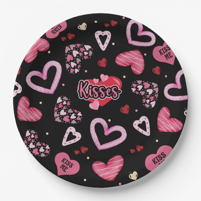 Valentinstag mit rosa Herzchen Pappteller (Vorderseite)