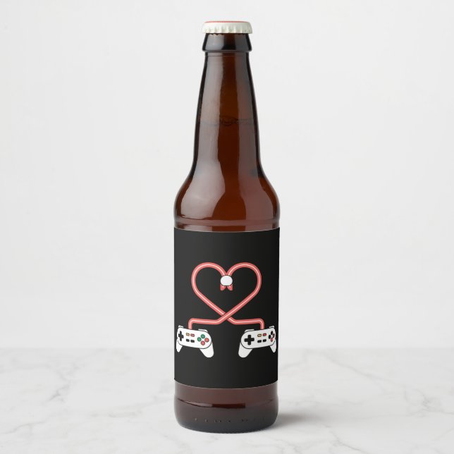Valentinstag mit Videospielern mit Herzreglern Bierflaschenetikett (Vorderseite)