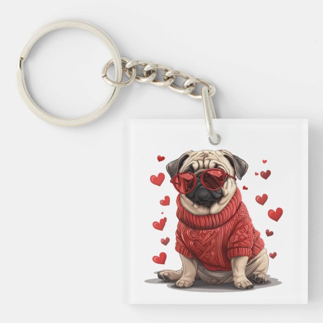 Valentinstag Mops Dog Schlüsselanhänger (Vorderseite)