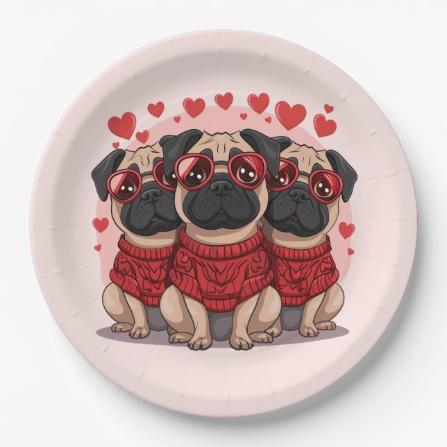 Valentinstag Mops Hunde Pappteller (Vorderseite)