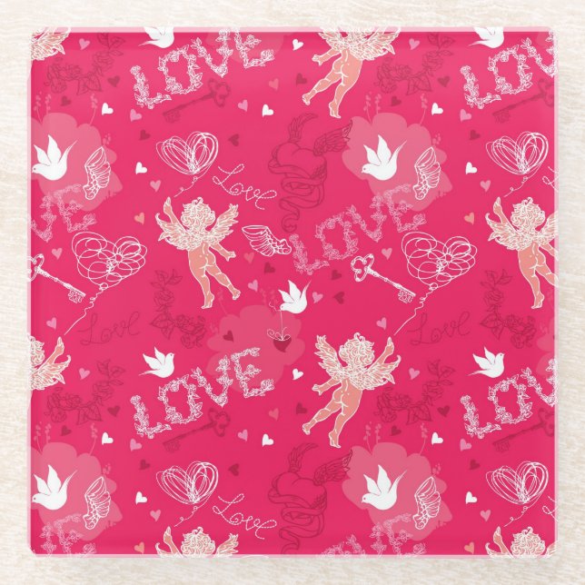 Valentinstag-Muster mit Amor Glasuntersetzer (Vorderseite)