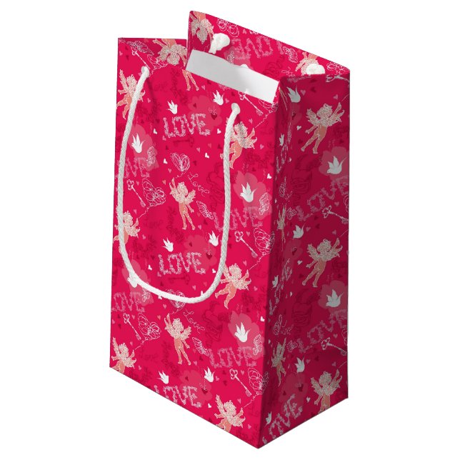 Valentinstag-Muster mit Amor Kleine Geschenktüte (Rückseite Schrägansicht)