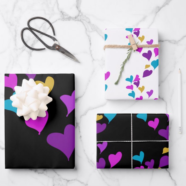 Valentinstag Neon Hearts Pattern Geschenkpapier Set (Vorderseite)