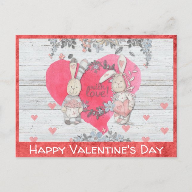 Valentinstag Niedlich Rustikales Kaninchen Postkarte (Vorderseite)