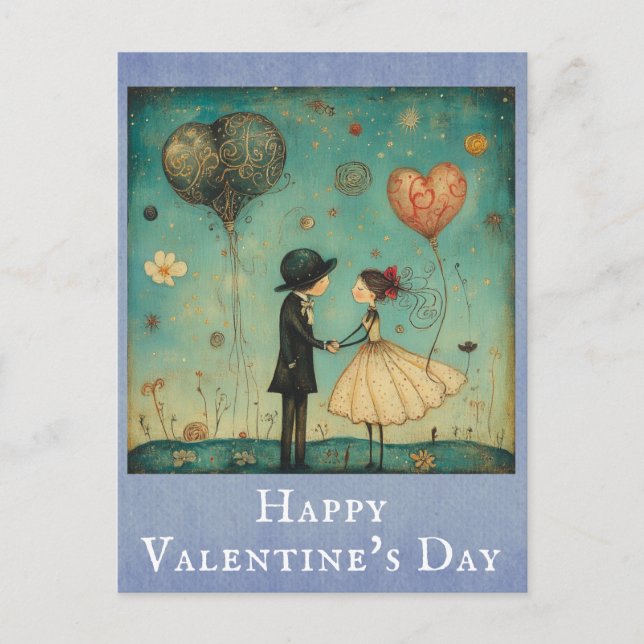 Valentinstag Niedlich Vintage Whimsical Couple Postkarte (Vorderseite)
