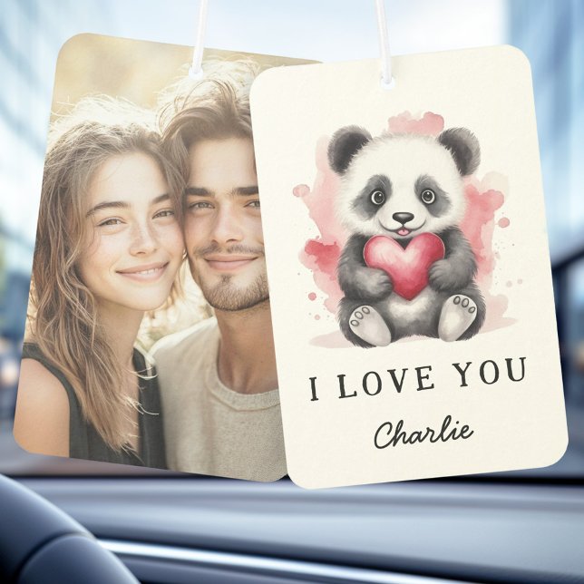 Valentinstag niedlicher Panda mit Herzname Foto Autolufterfrischer (Valentines day cute panda holding heart name photo air freshener)