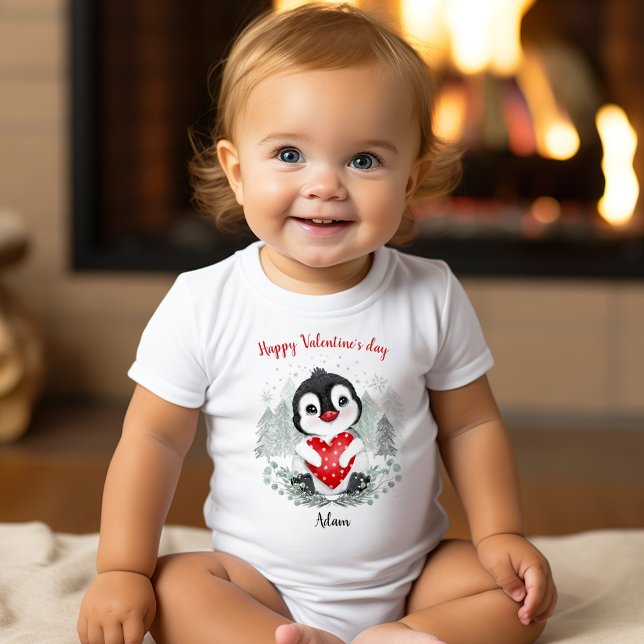 Valentinstag Niedlicher Pinguin-Individuelle Name Baby Strampler (Valentine's day Personalized Baby Bodysuit)