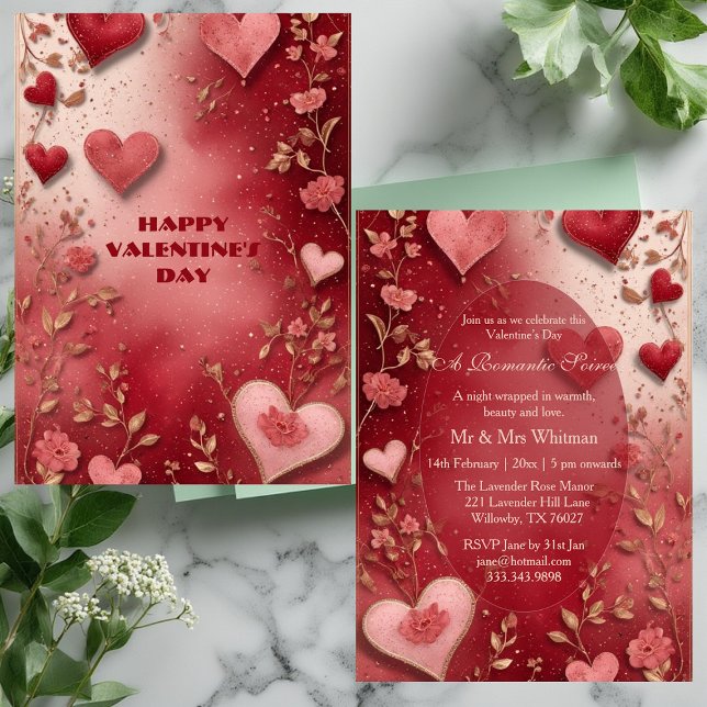 Valentinstag Paares Romantische Soiree Rote Herzen Einladung (Valentines Day Couple's Romantic Soiree Red Hearts Invitation)