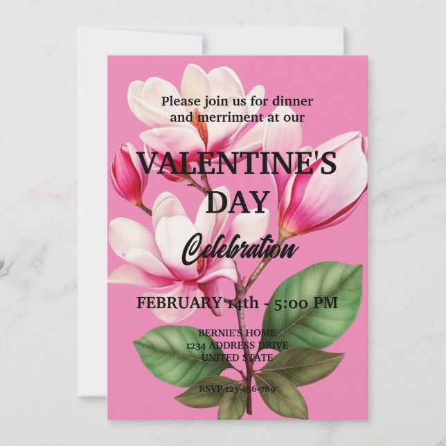VALENTINSTAG PARTY MIT PINK-BLUME EINLADUNG (Vorderseite)