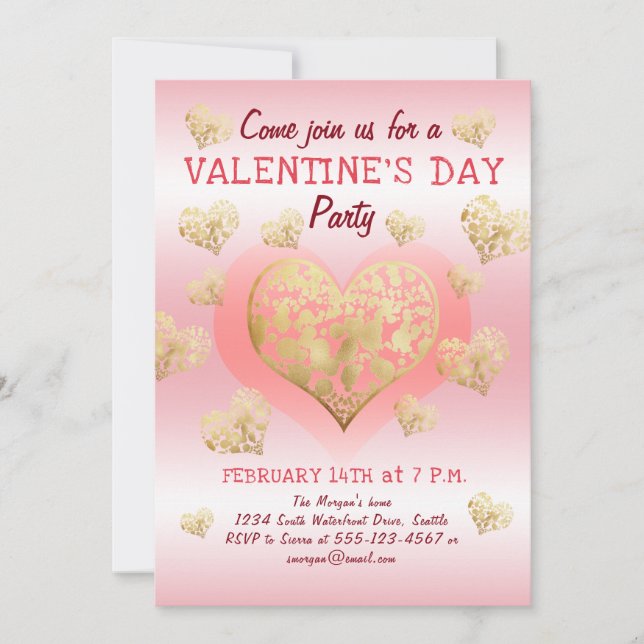 Valentinstag Party Rosa Goldene Herzen Einladung (Vorderseite)