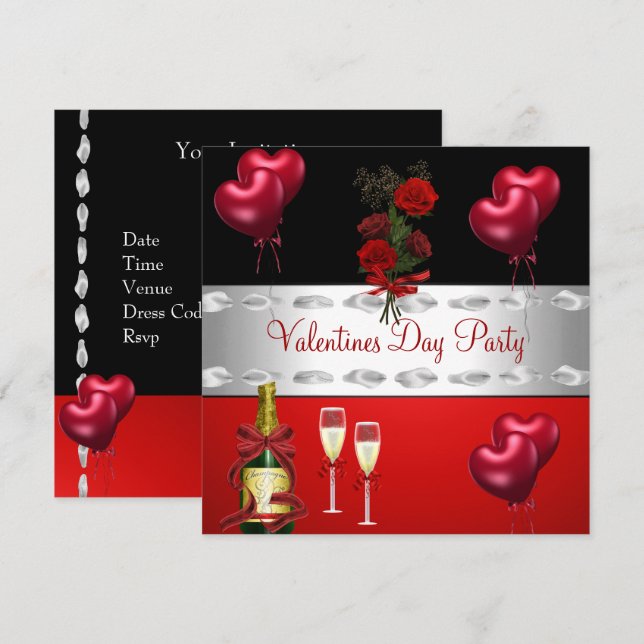 Valentinstag Party Rote Rosen Balloons Einladung (Vorne/Hinten)