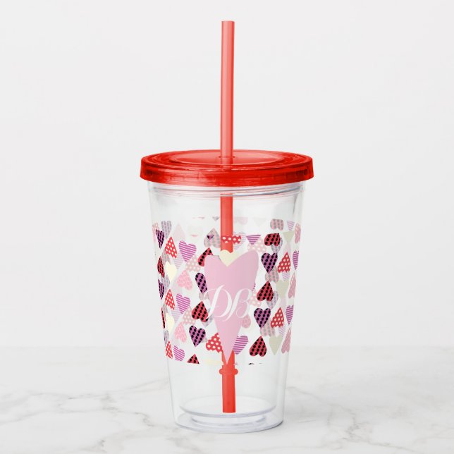 Valentinstag Patterned Hearts Monogram Acryltrinkbecher (Vorderseite)