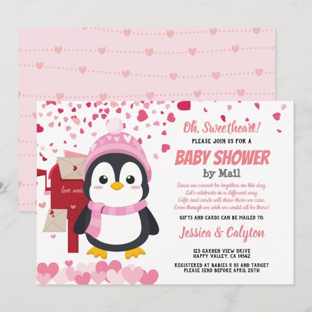 Valentinstag Penguin Girl Babydusche per Post Einladung (Vorne/Hinten)