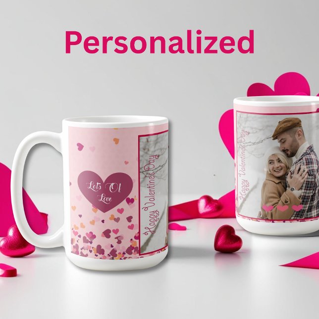 Valentinstag Personalisiertes Foto Rosa Herzen Kaffeetasse (Valentine Day Personalized Photo Pink Hearts Coffee Mug)