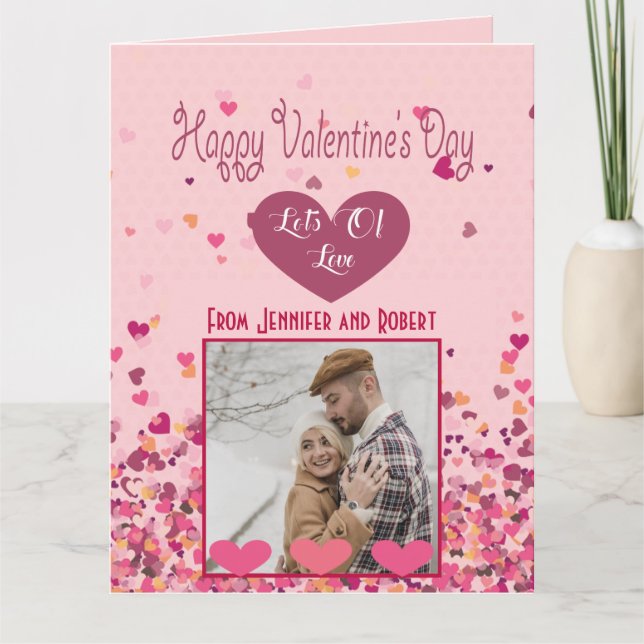 Valentinstag Personalisiertes Foto Rosa Herzen Karte (Vorderseite)