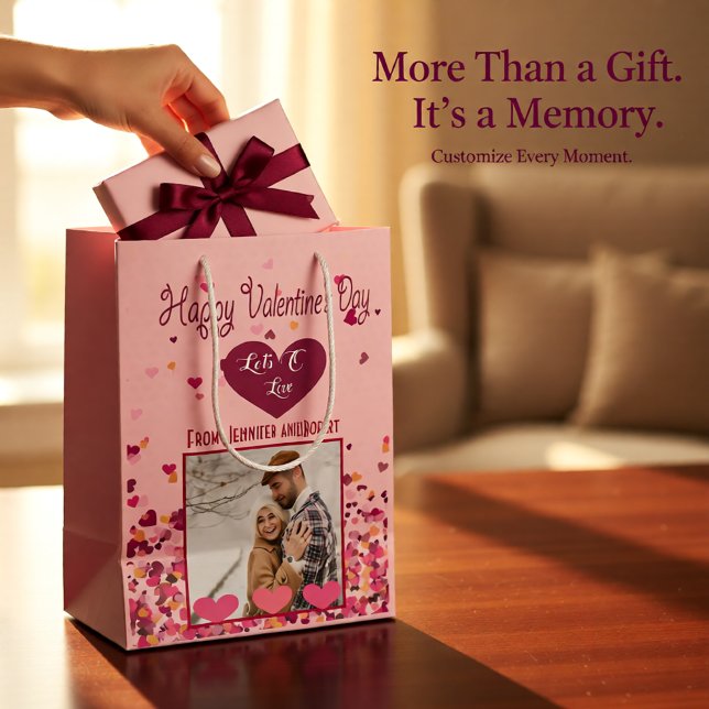 Valentinstag Personalisiertes Foto Rosa Herzen Mittlere Geschenktüte (Personalized Pink Hearts Photo Valentine Medium Gift Bag)