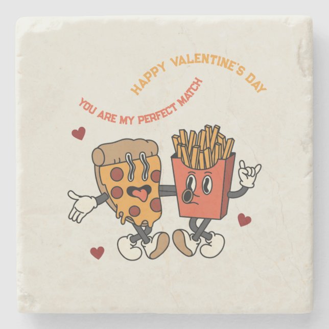 Valentinstag "Pizza and Fried Potato Match" Steinuntersetzer (Vorderseite)