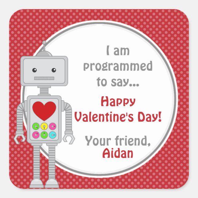 Valentinstag Roboter, Kinder Personalisiert Valent Quadratischer Aufkleber (Vorderseite)