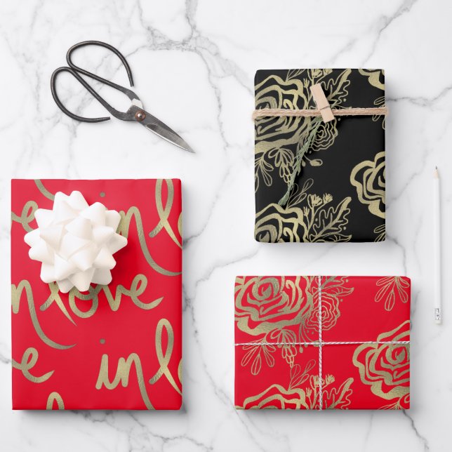 Valentinstag Romantischer Handgezeichneter Blumenr Geschenkpapier Set (Vorderseite)