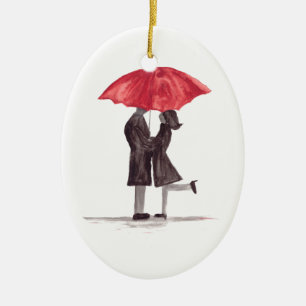 Valentinstag romantisches Paar mit rotem Regenschi Keramik Ornament