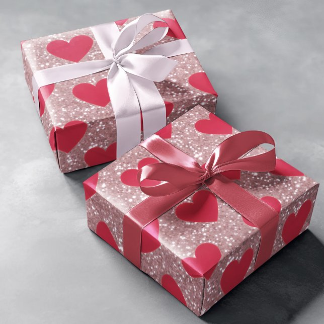Valentinstag Rosa Glitter & Herzen Geschenkpapier  (Von Creator hochgeladen)