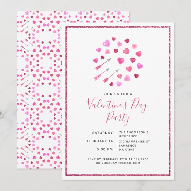 Valentinstag Rosa Herzen und Pfeile Einladung (Vorne/Hinten)