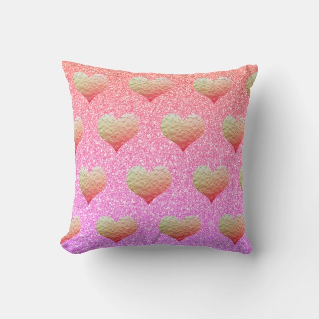 Valentinstag Rosa Lila Glitzer Goldenes Herz Kissen (Vorderseite)