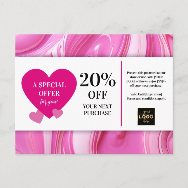 Valentinstag Rosa Wirbel Gutscheinrabatt Postkarte (Vorderseite)